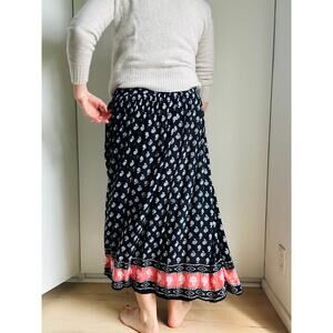 Vintage 90s Bohemian Hippie Ankle Length Skirt Rayon Black Print Drawstring